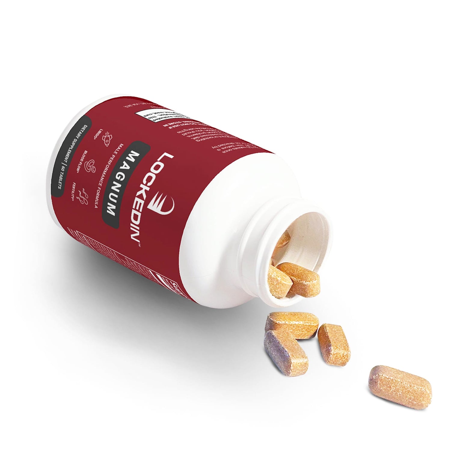 locked in magnum vitality supplement tablets falling product photo