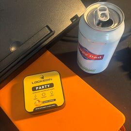 locked in party hangover supplement beside happy dad drink