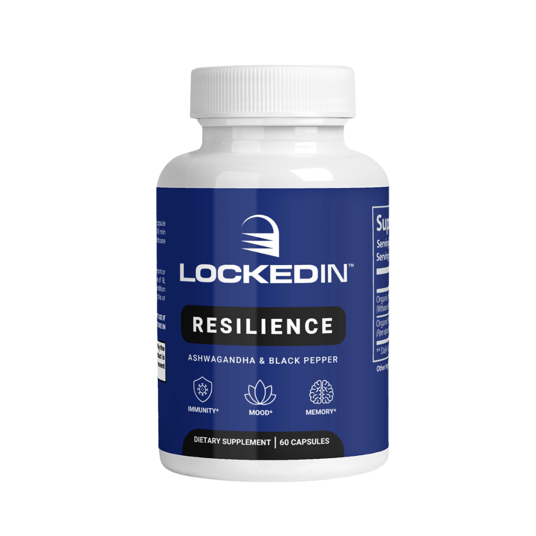 Locked In Resilience Ashwagandha & Black Pepper - 60 Capsules for Immunity, Mood, Memory on transparent background.
