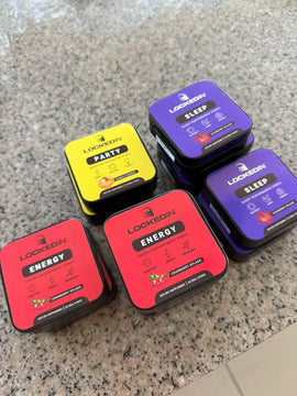 locked in sleep supplement stacked on counter