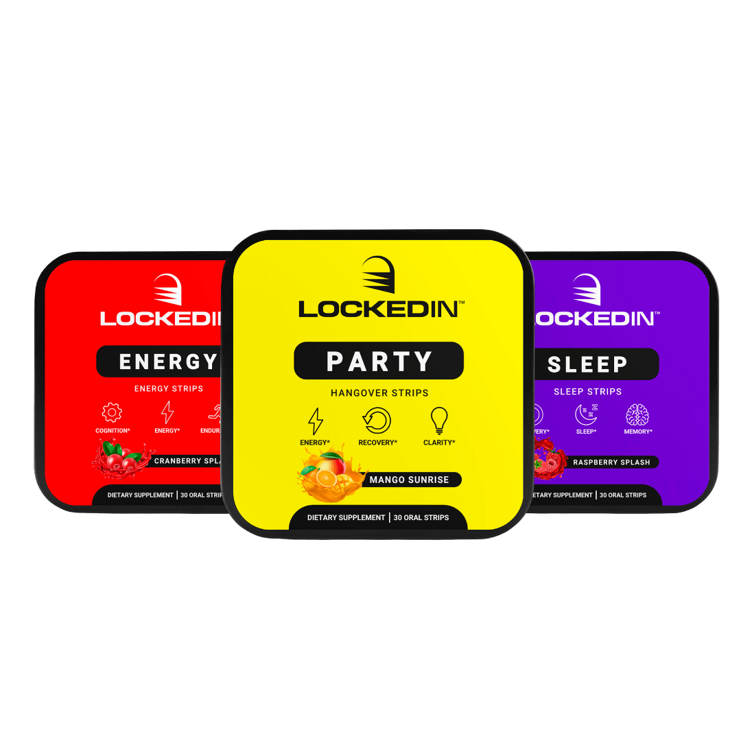Locked In Energy, Locked In Sleep, and Locked In Party Strips side by side on a transparent background