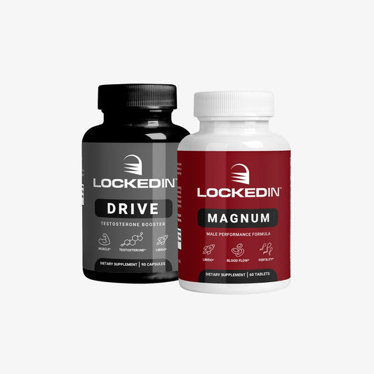 Locked In Drive Testosterone Booster and Locked In Magnum Male Performance Formula side by side on a white background