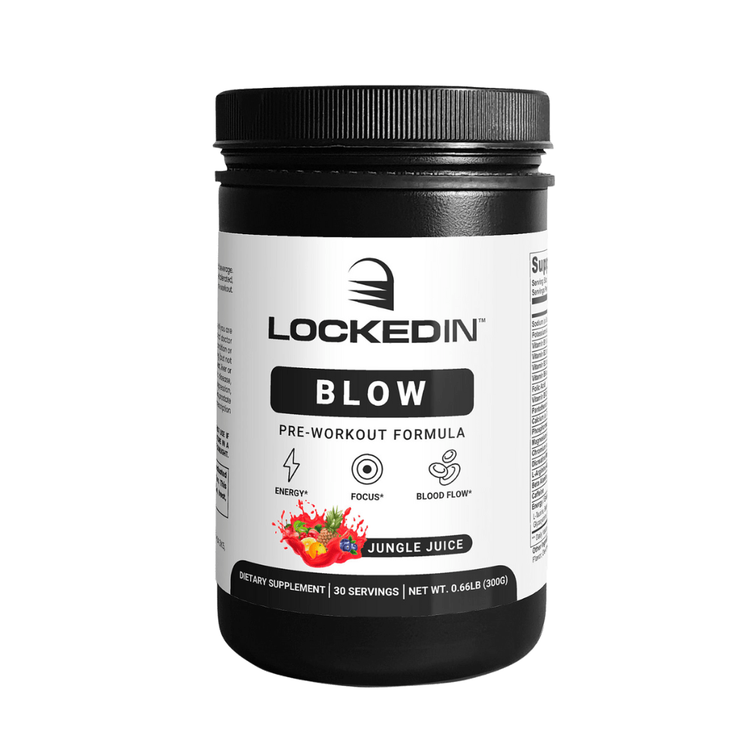 Locked In Blow Pre-Workout Formula - 30 Servings of jungle juice flavour for Energy, Focus & Blood Flow on a transparent background. 