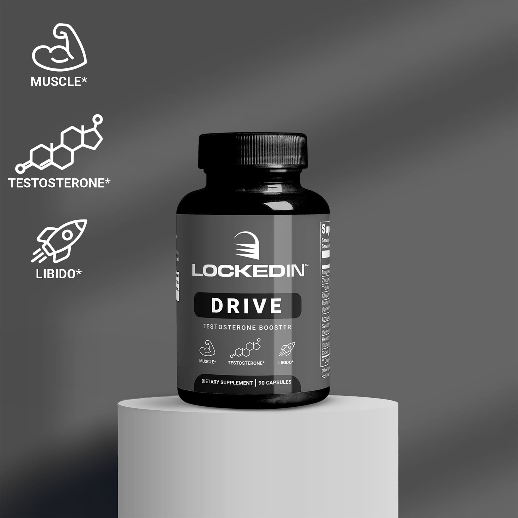 Locked In Drive container displayed on a gray pedestal with icons for muscle, testosterone, and libido.