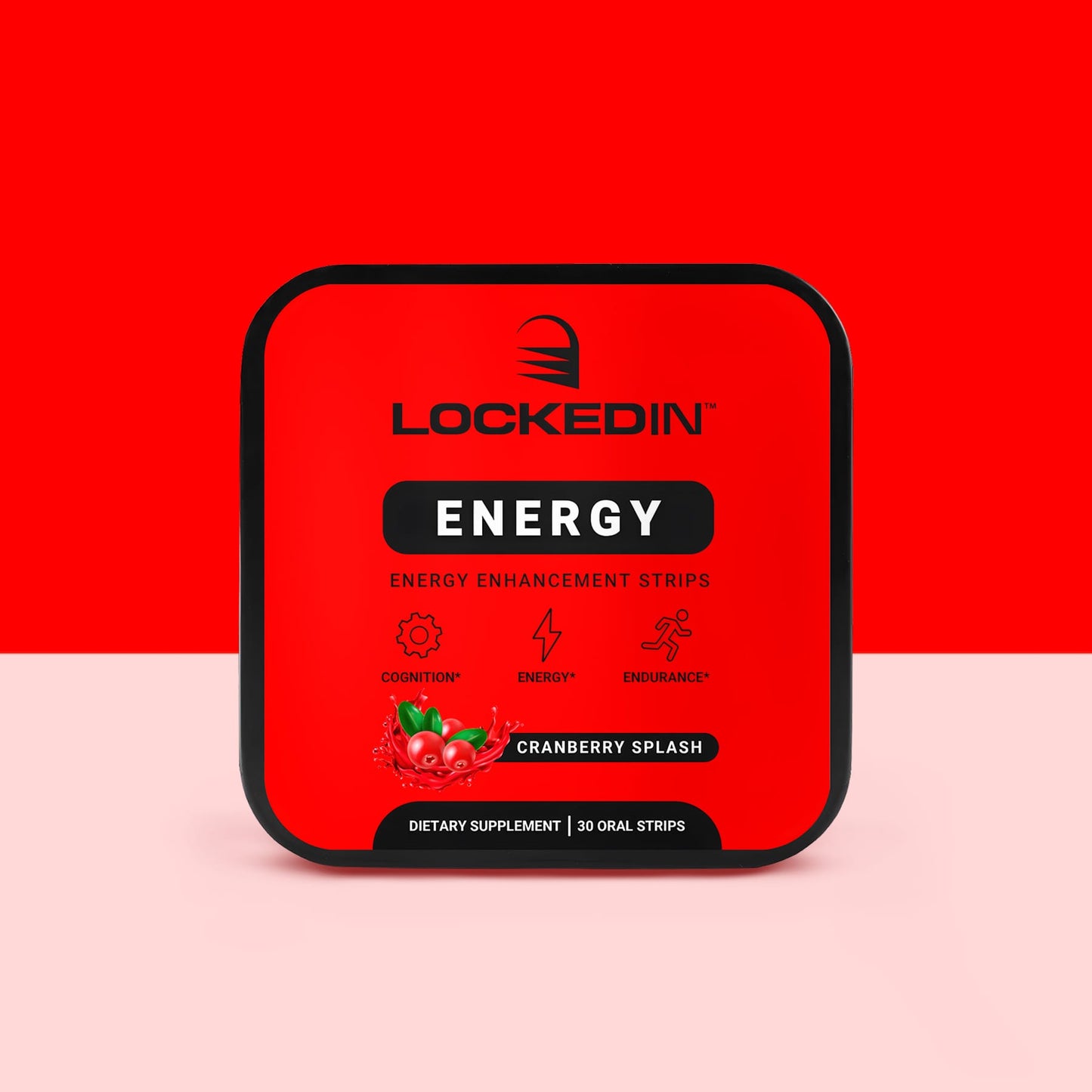 Locked In Energy- Energy Enhancement Strips- 30 Servings of cranberry splash flavor for cognition, energy & endurance. red and white background.