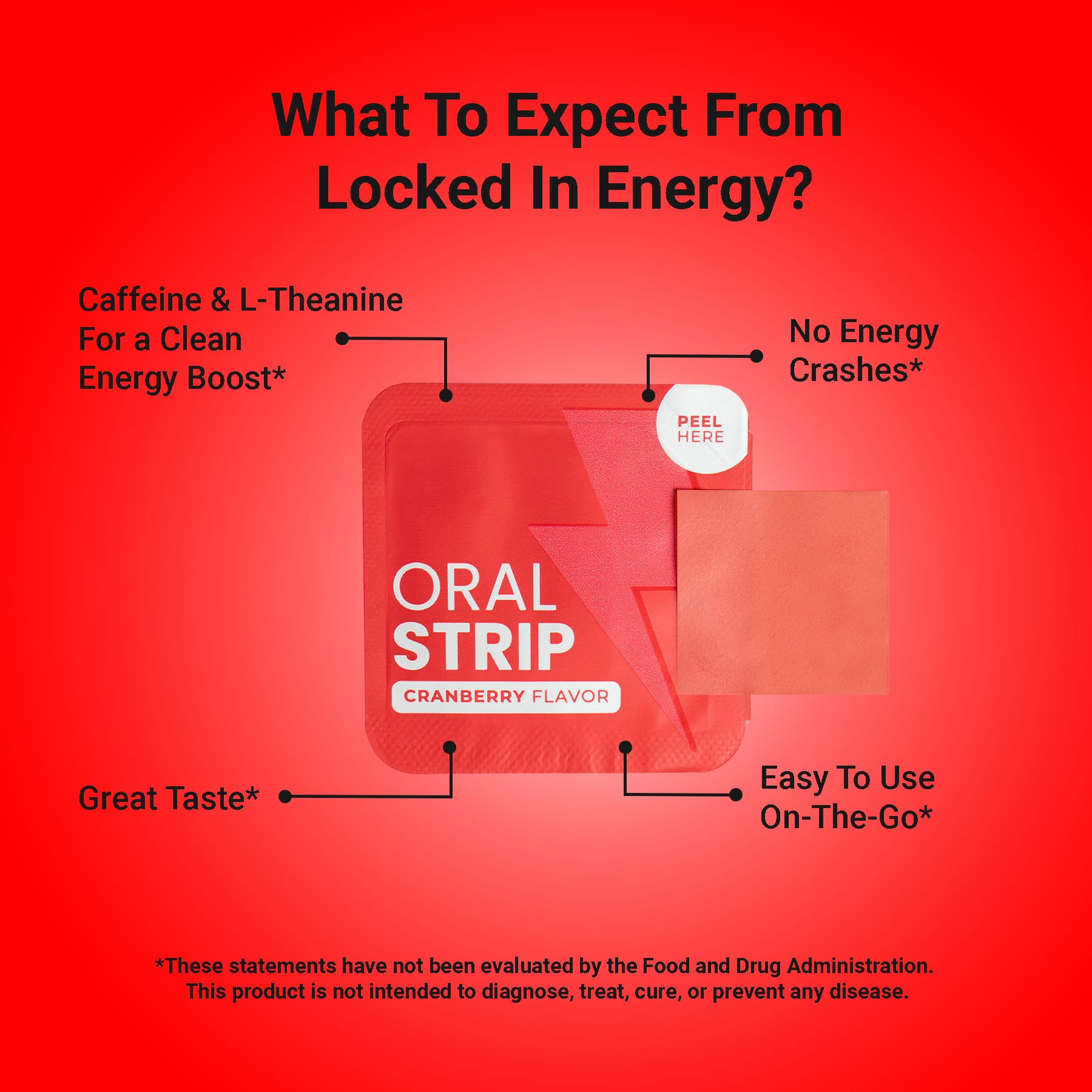 Locked In Energy strip on red background with four benefits listed.