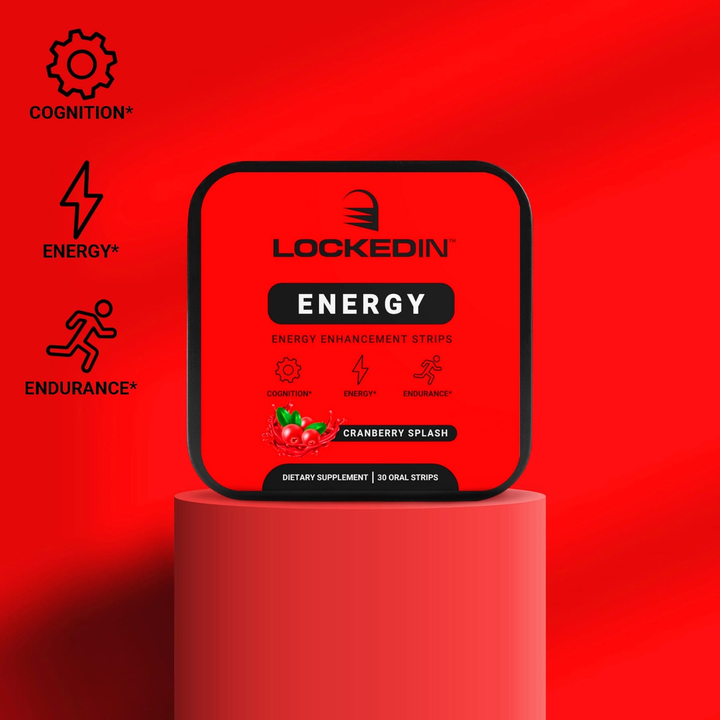 Locked In Energy container displayed on a red pedestal with icons for cognition, energy, and endurance