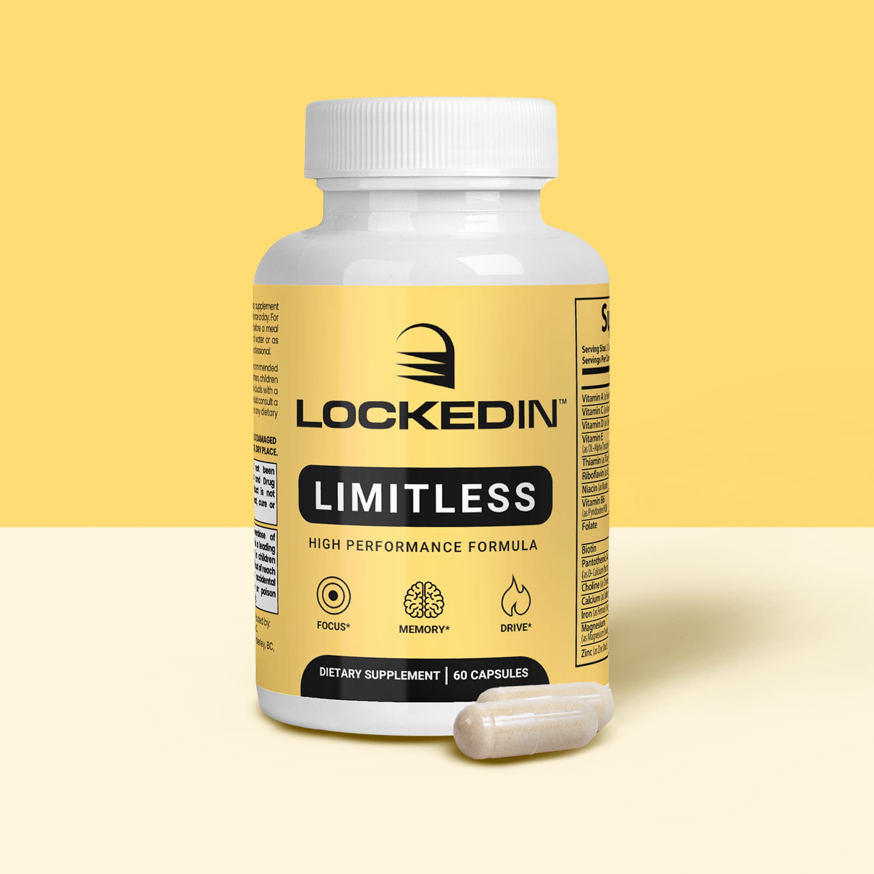 Locked In Limitless High Performance Formula - 60 Capsules for Focus, Memory, Drive on gold and white background.