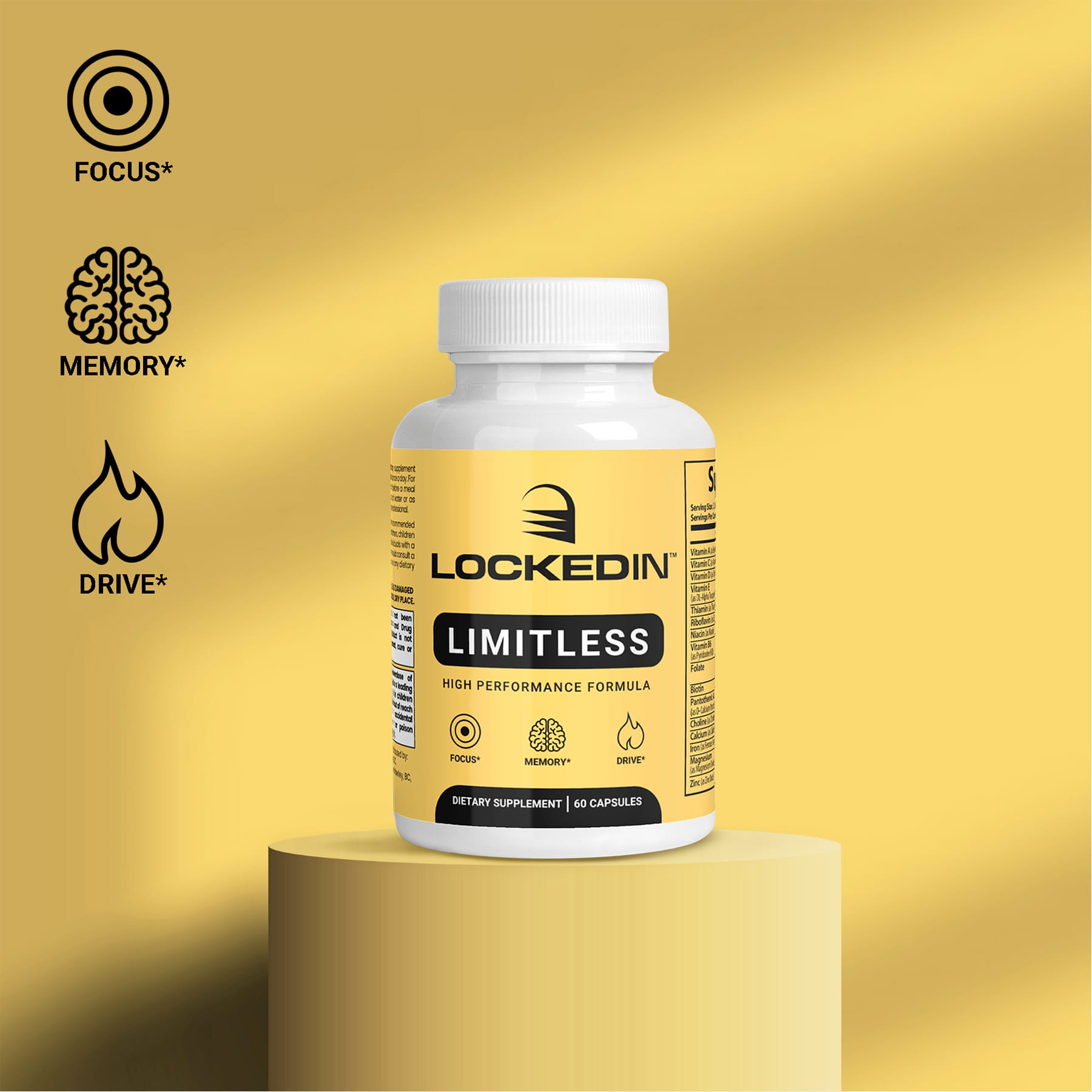 Locked In Limitless container displayed on a gold pedestal with icons for focus, memory, and drive.