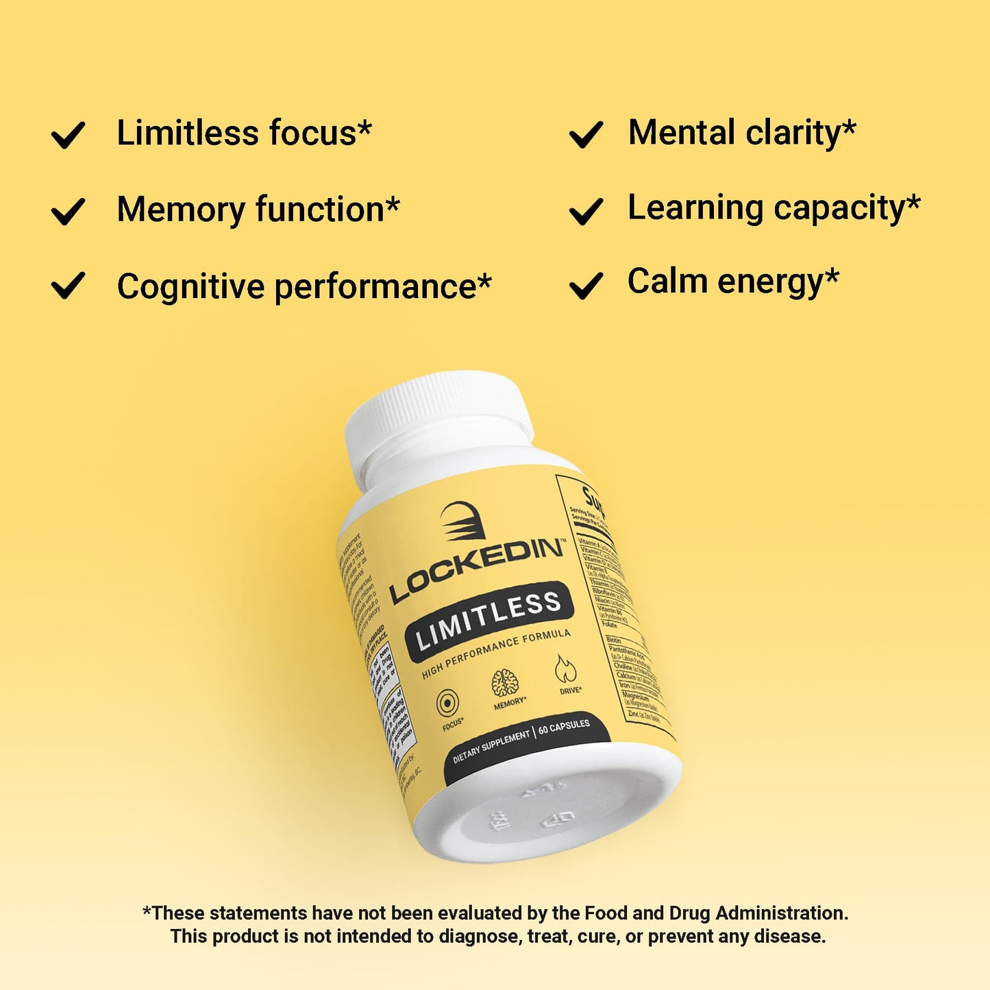 Locked In Limitless High Performance Formula, angled on gold gradient background, checkmark benefits listed.