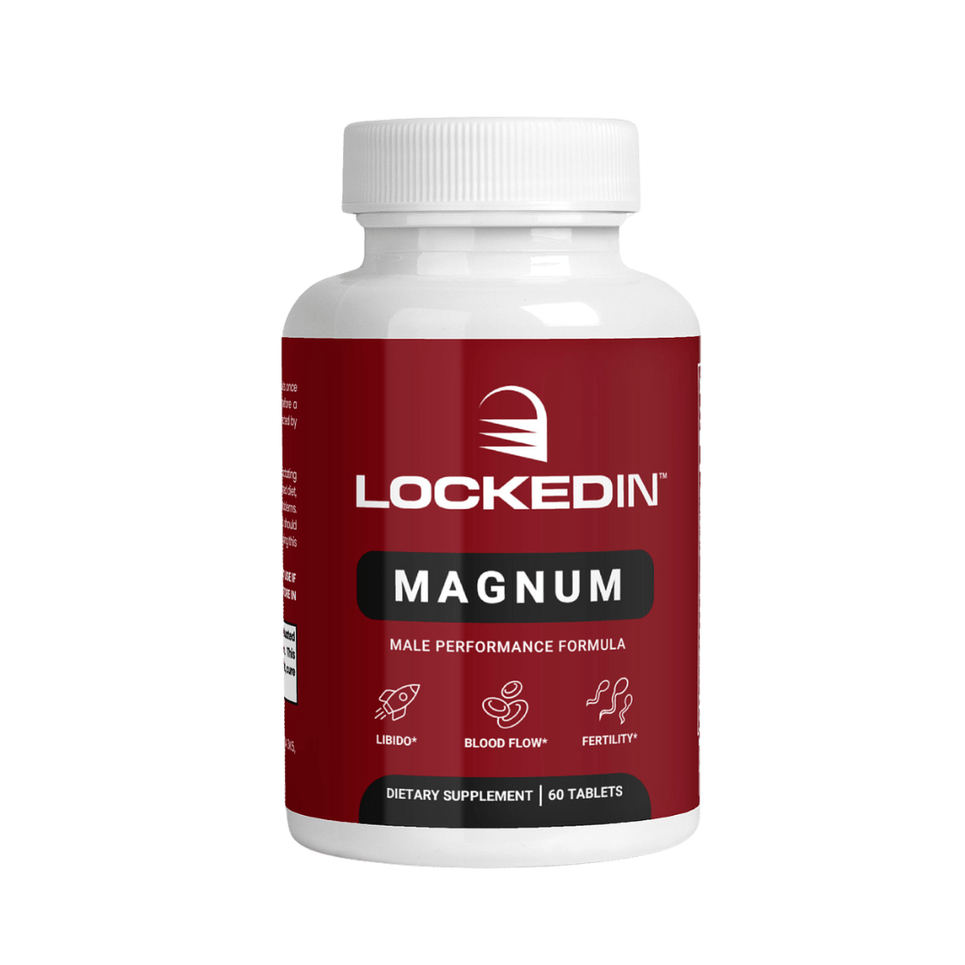 Locked In Magnum Male Performance Formula - 60 Tablets for Libido, Blood Flow, Fertility on transparent background.