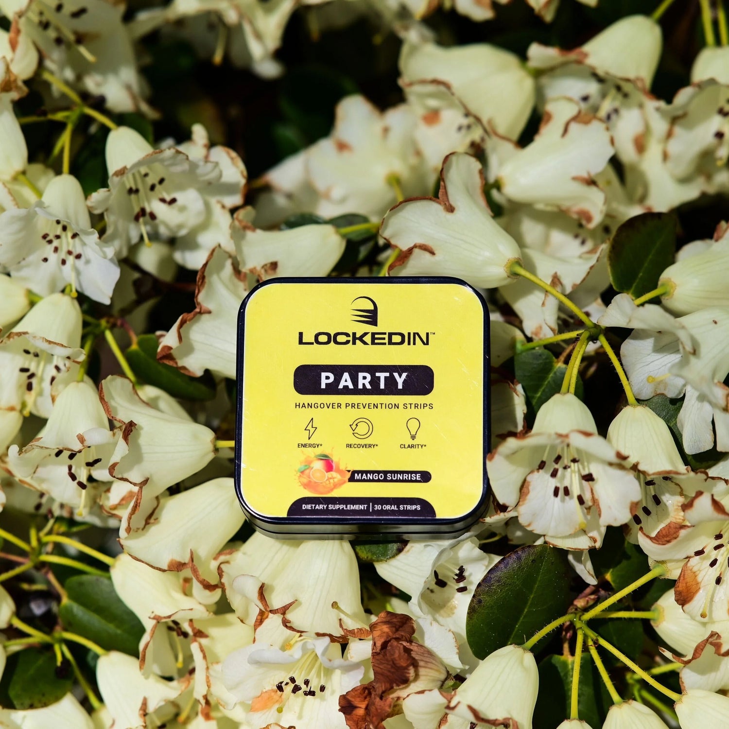 locked in party hangover supplement on flower bed