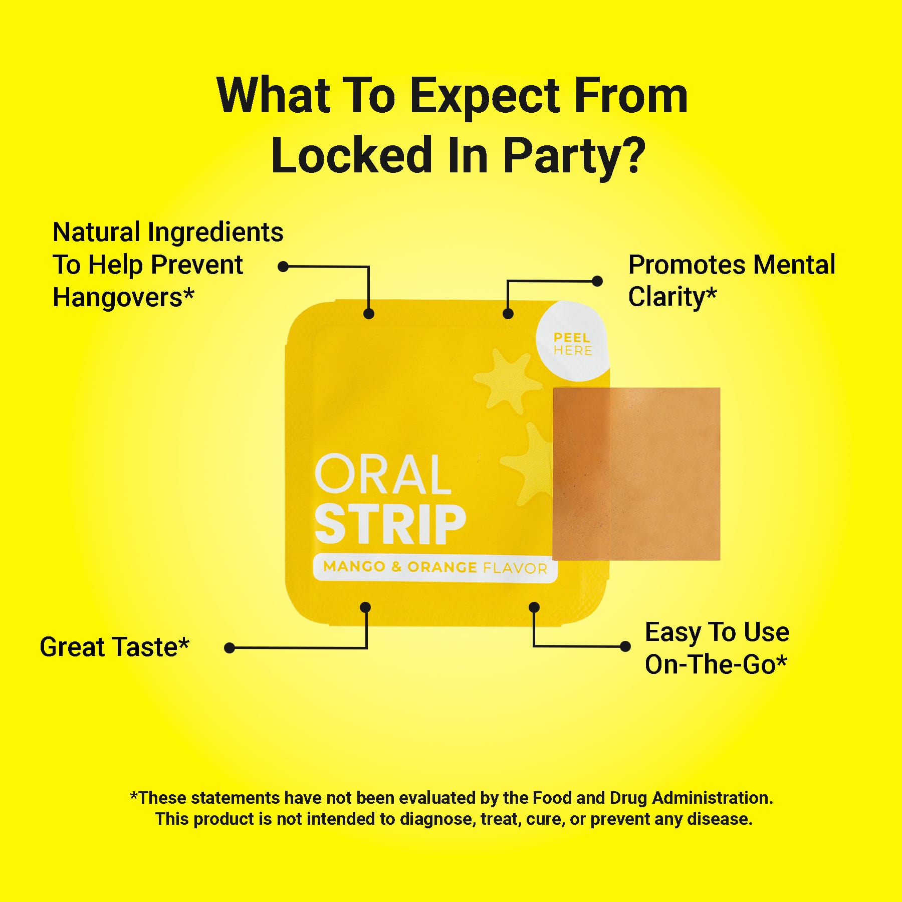 Locked In Party strip on yellow background with 4 benefits listed.