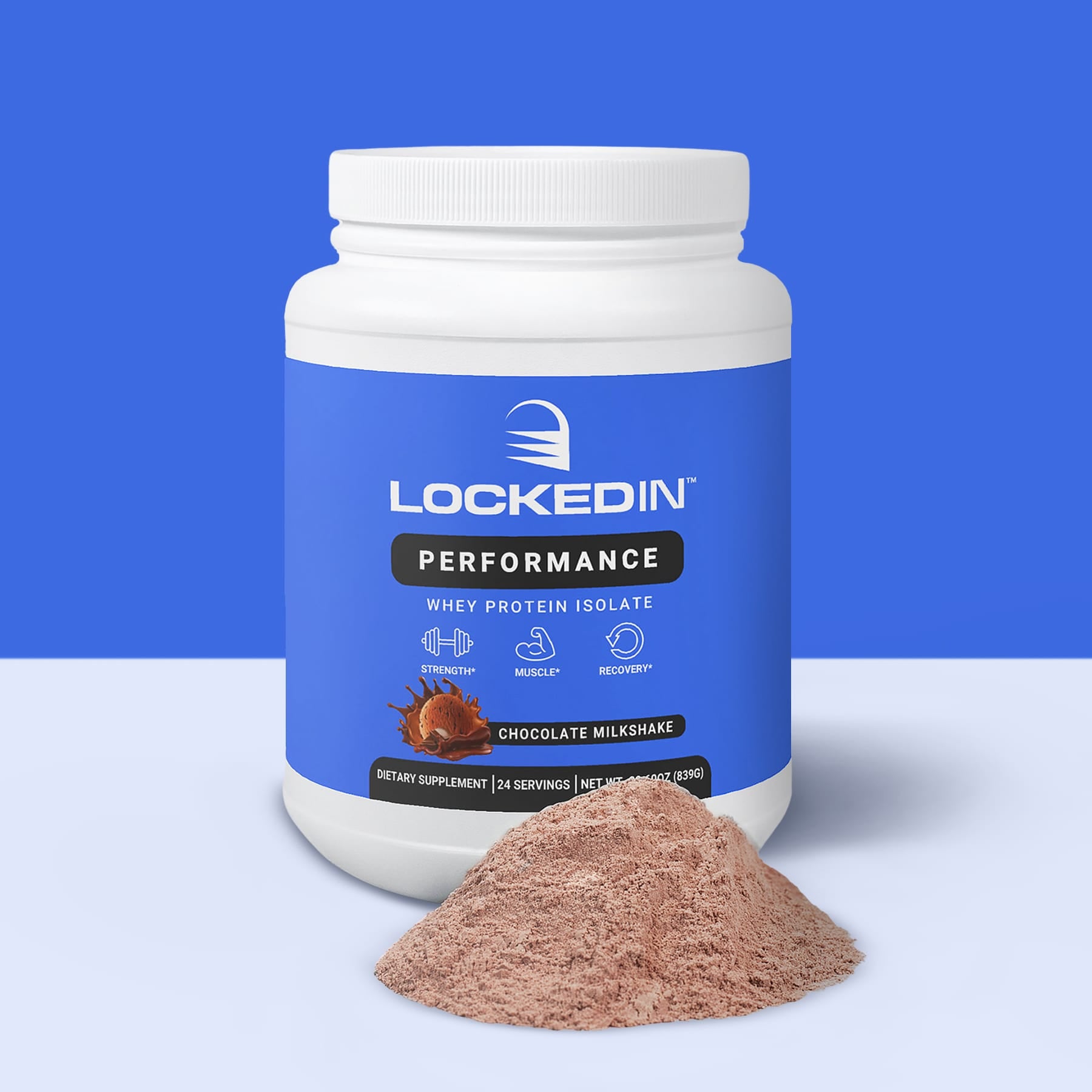 Locked In Performance Whey Protein Isolate - 24 Servings of chocolate milkshake flavor for Muscle Growth, Recovery & Strength. Blue and white background.