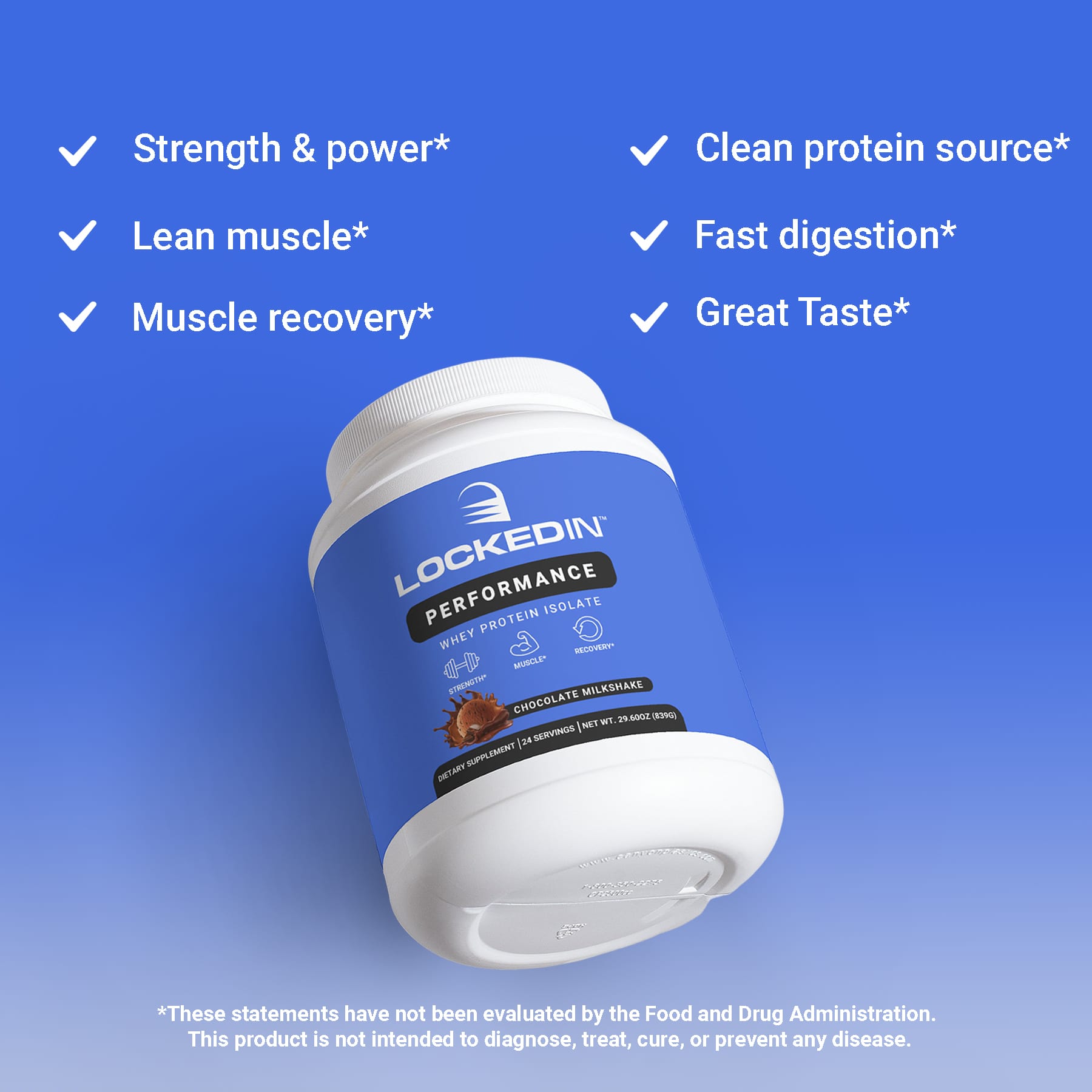 Locked In Performance Whey Protein Isolate, angled on blue gradient background, checkmark benefits listed.