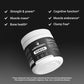 Locked In Power Creatine Monohydrate angled on black gradient background, checkmark benefits listed.