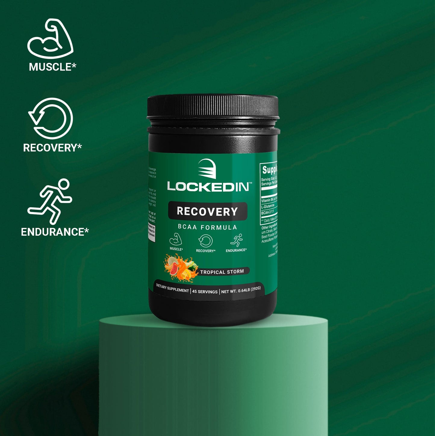 Locked In Recovery BCAA Formula container displayed on a green pedestal with icons for muscle, recovery, and endurance.