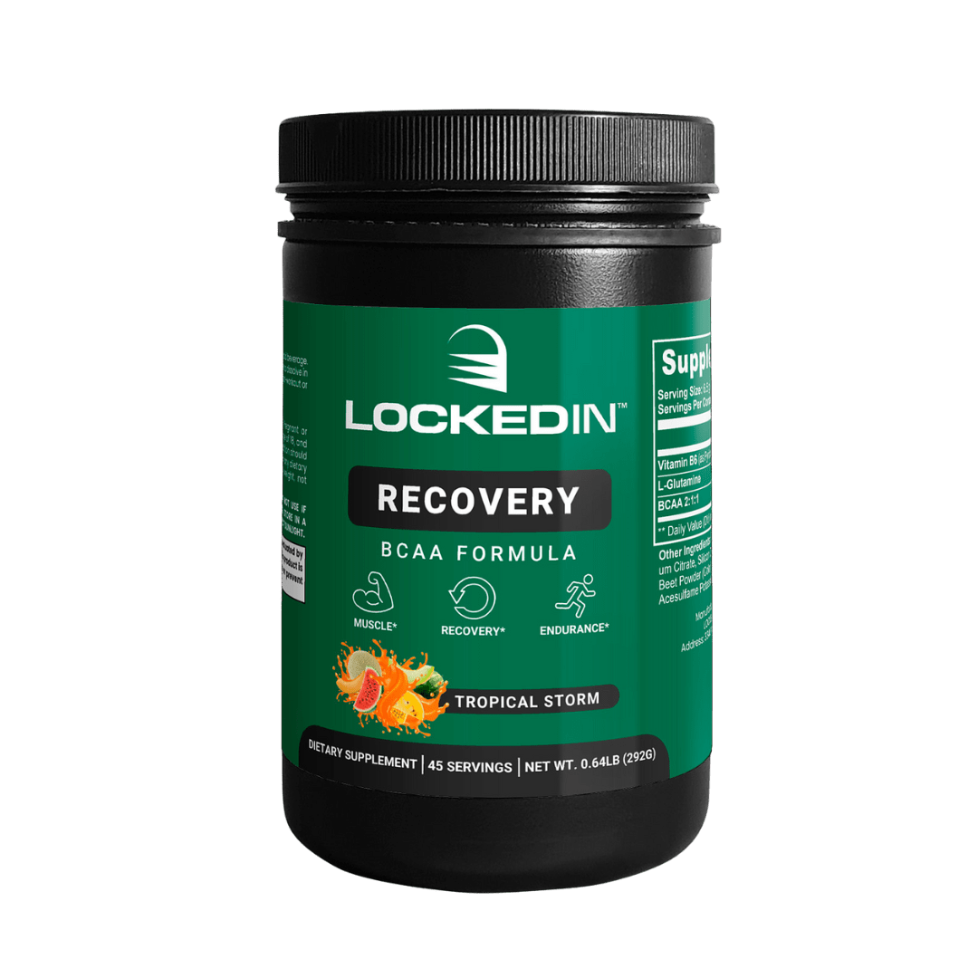 Locked In Recovery BCAA Formula - 30 Servings of tropical storm flavour for muscle growth, recovery & endurance. transparent background. 