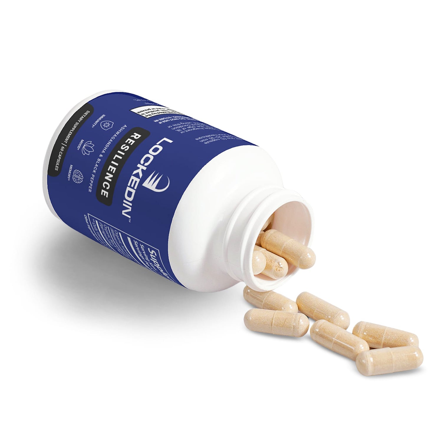 locked in resilience stress supplement capsules falling product photo