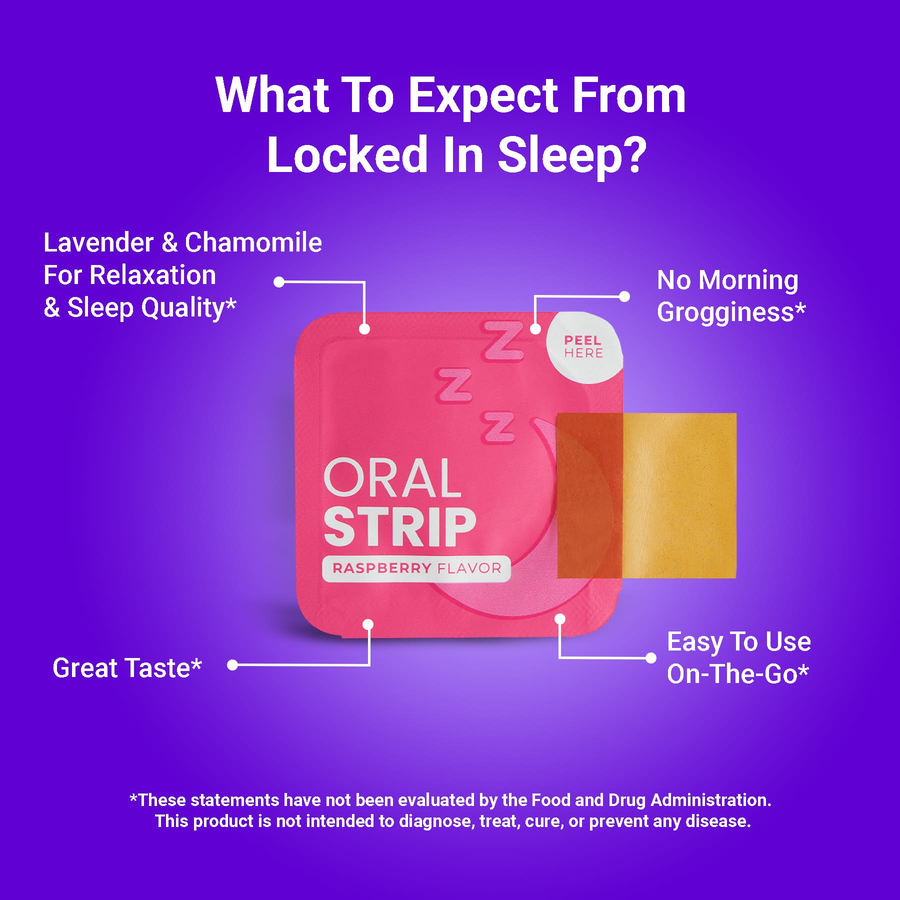 Locked In Sleep strip on purple background with four benefits listed.