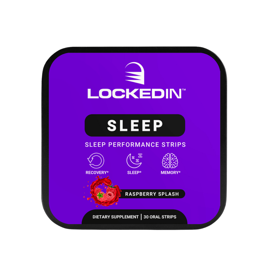 Locked In Sleep- Sleep Performance Strips- 30 Servings of Raspberry Splash flavor for recovery, sleep & memory. transparent background.