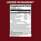Locked In Magnum supplement facts on dark red background
