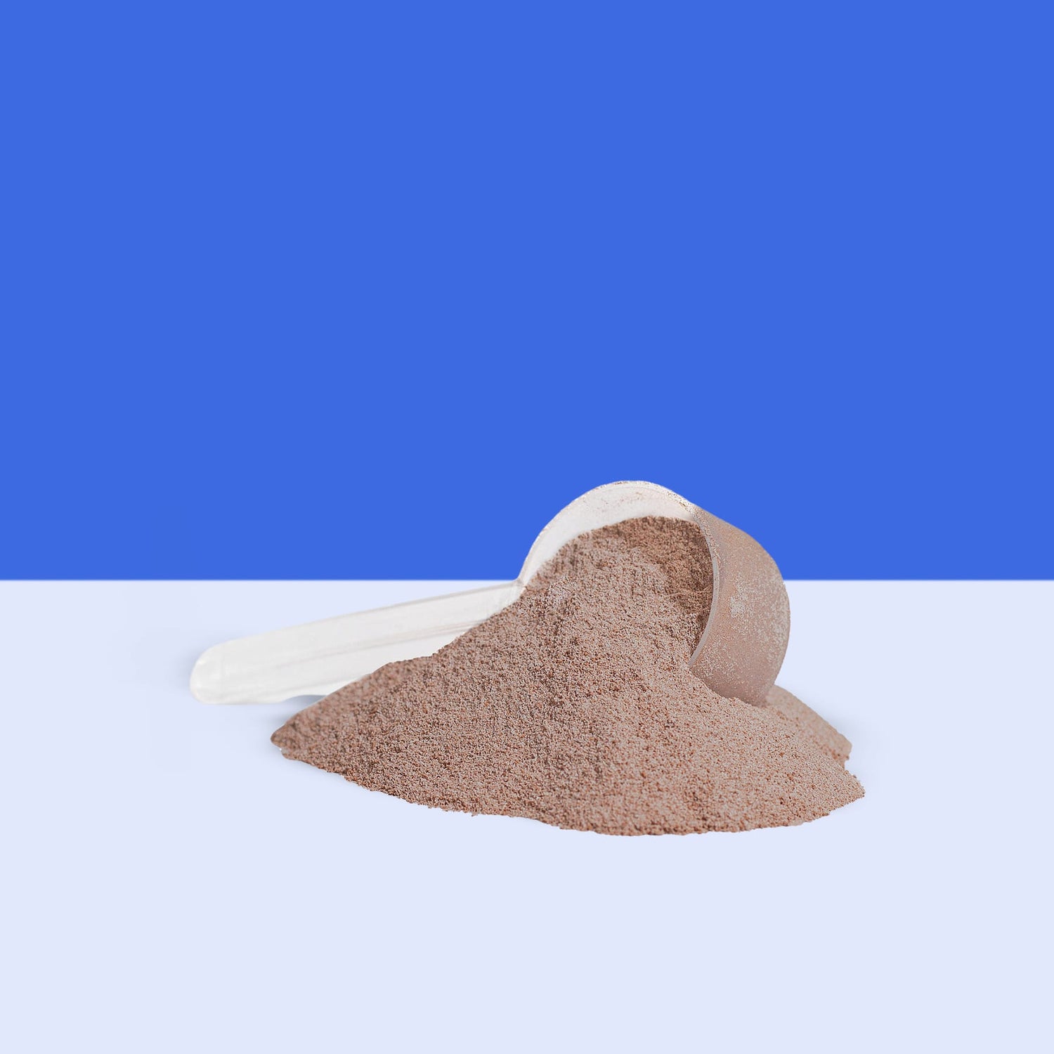 Locked In Performance Whey Protein Isolate chocolate scoop on blue and white background.