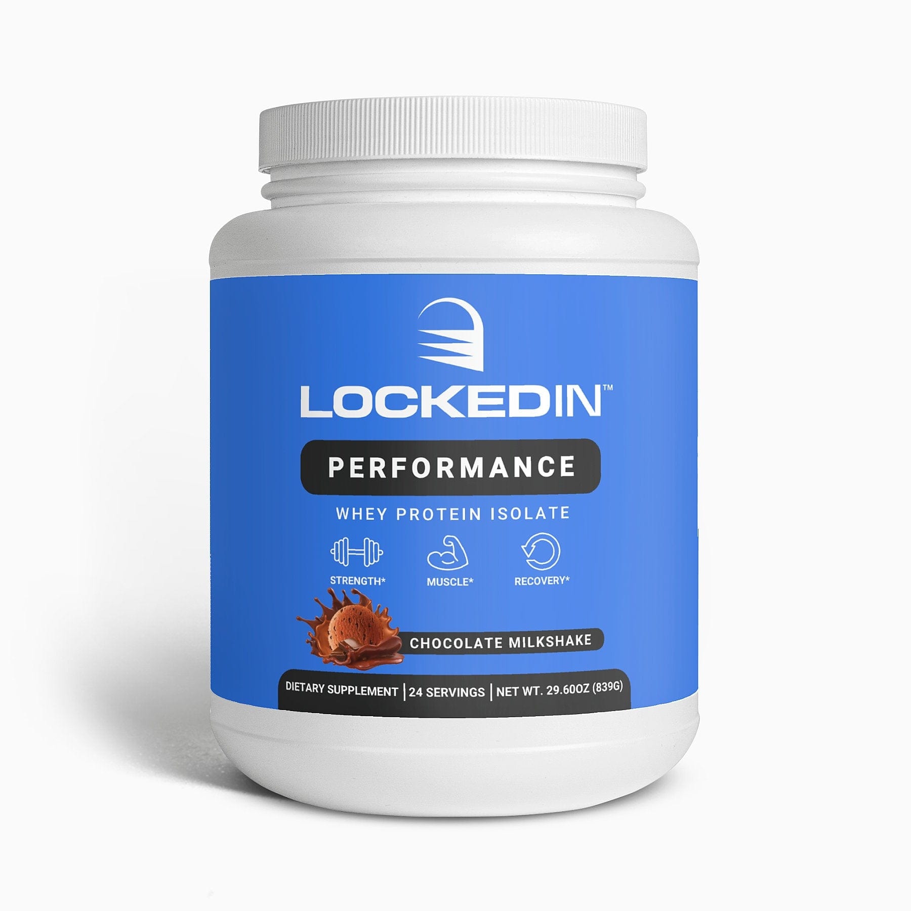 Locked In Performance Whey Protein Isolate - 24 Servings of chocolate milkshake flavor for Muscle Growth, Recovery & Strength. White background.