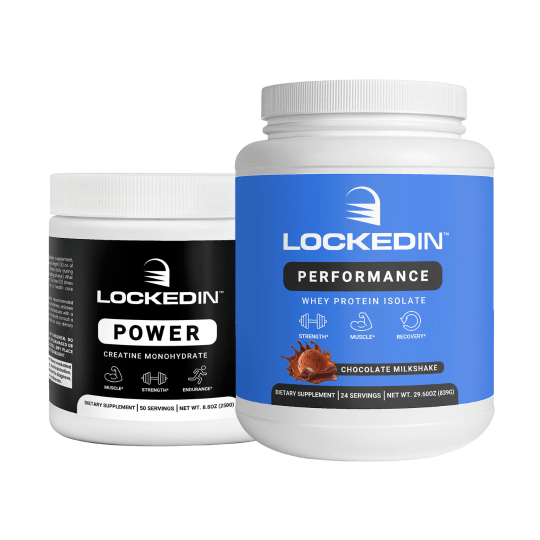 Locked In Power Creatine Monohydrate and Locked In Performance Whey Protein Isolate side by side on a transparent background