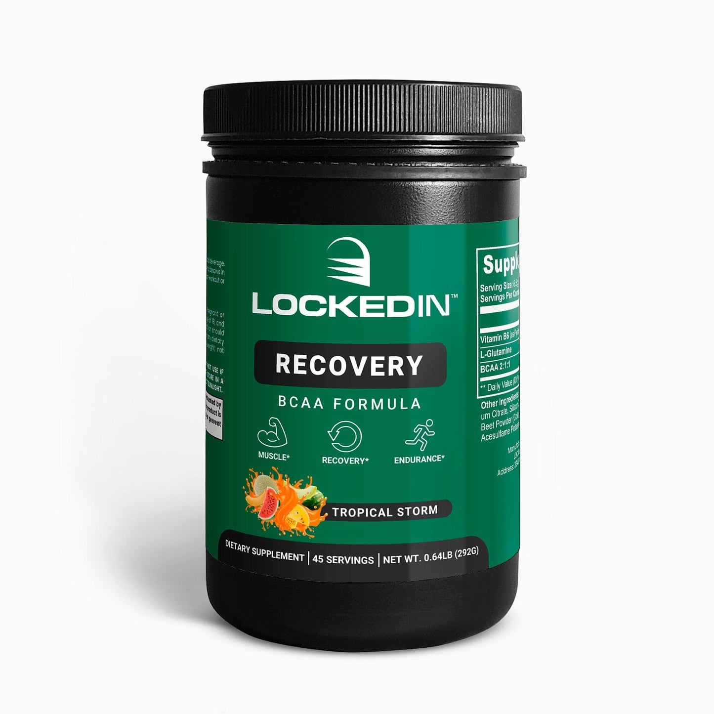 Locked In Recovery BCAA Formula - 30 Servings of tropical storm flavour for muscle growth, recovery & endurance.  White background. 