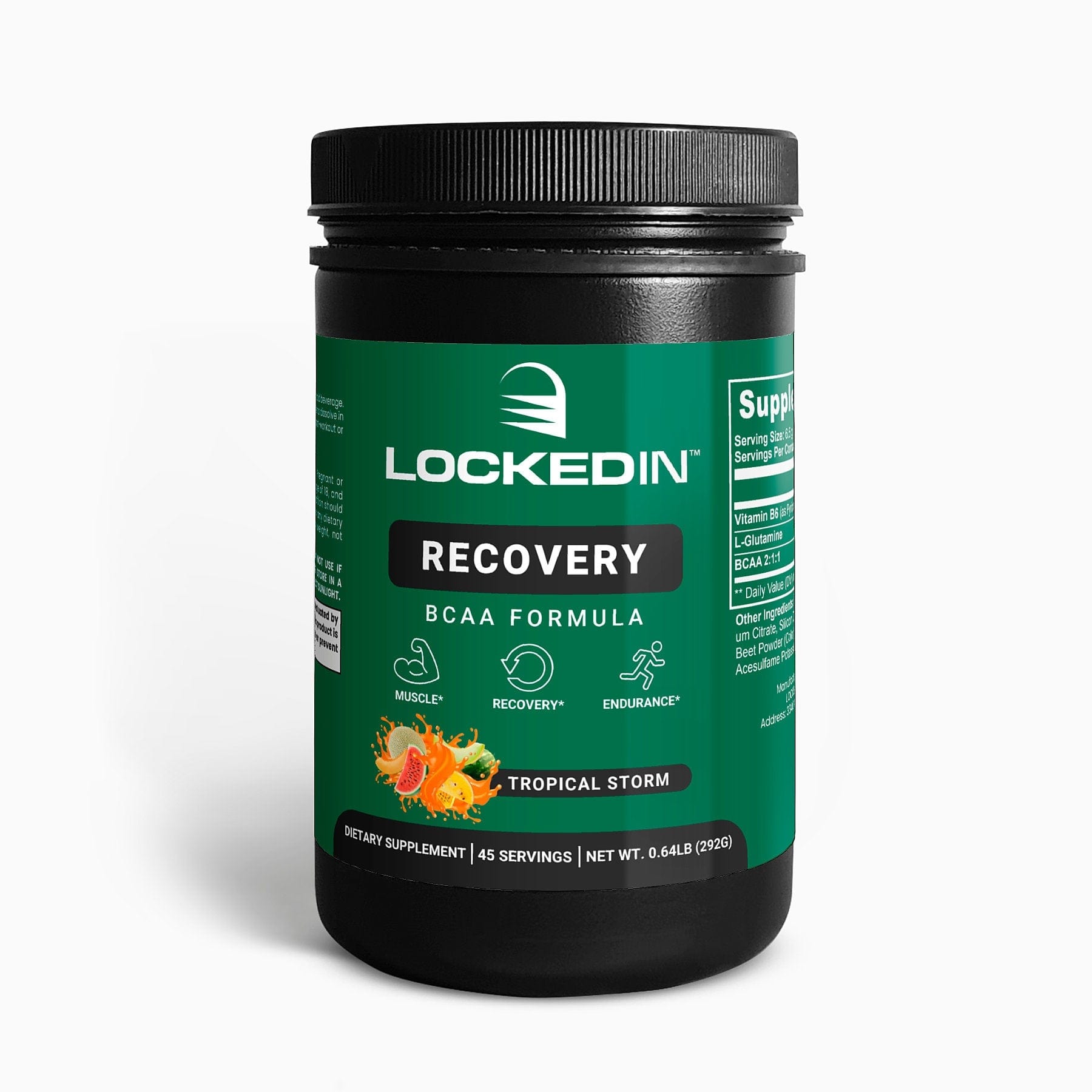 Locked In Recovery BCAA Formula - 30 Servings of tropical storm flavour for muscle growth, recovery & endurance.  White background. 