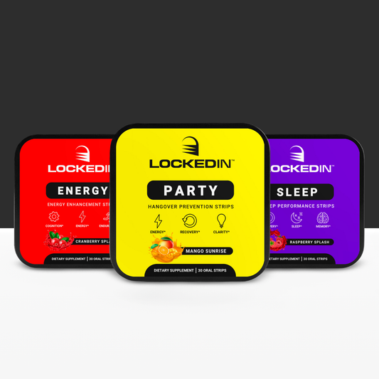 Locked In Energy, Locked In Sleep, and Locked In Party Strips side by side on a dark gray and white background