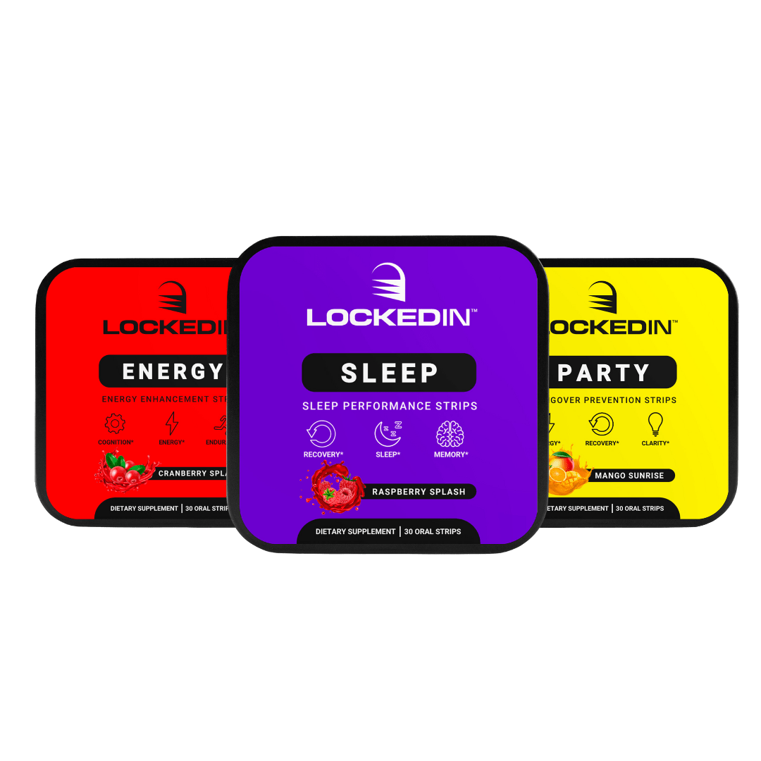 Locked In Energy, Locked In Sleep, and Locked In Party Strips side by side on a transparent background